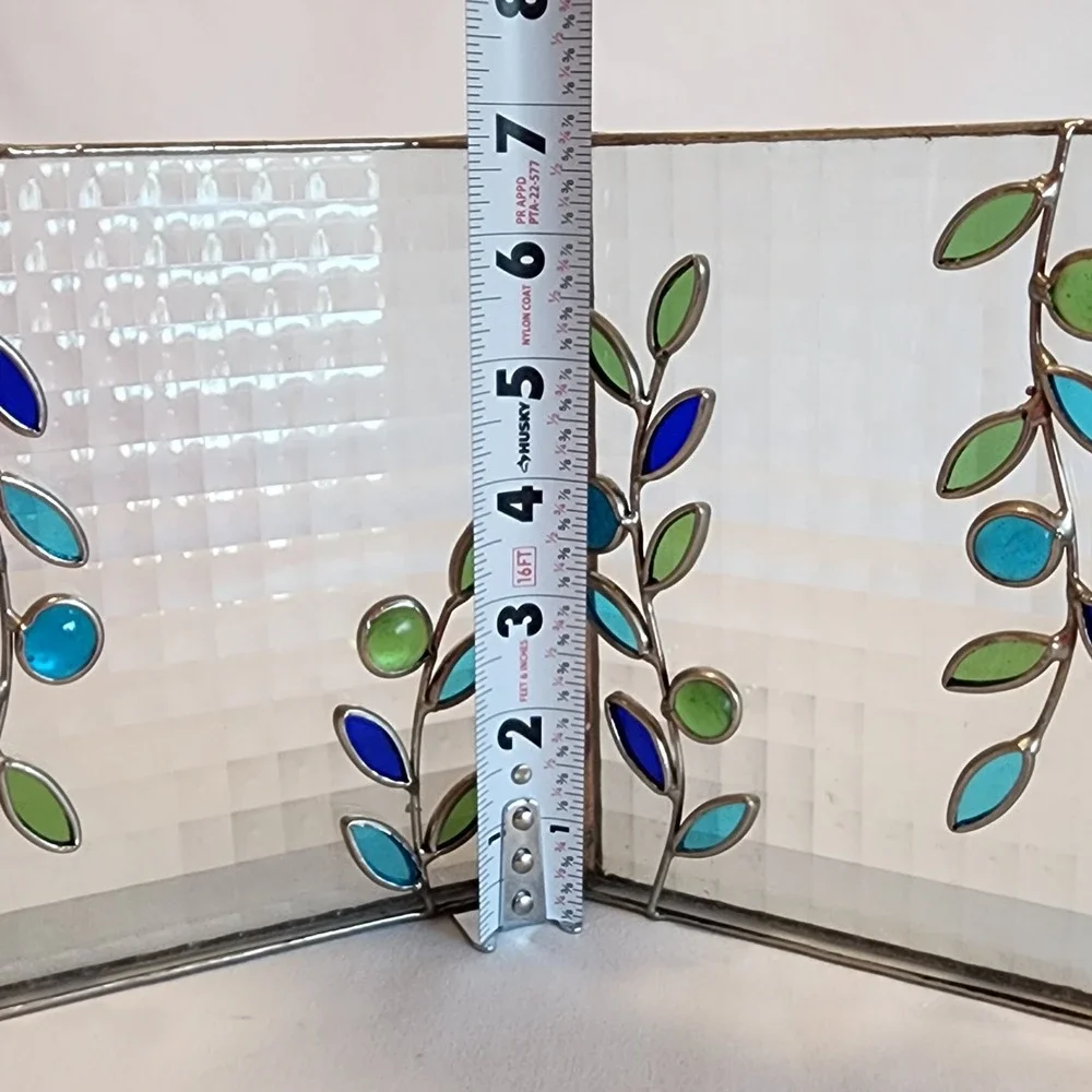 Stained Glass Double Picture Frame Blue Green Botanical Vine Leaf Hinged 5x7